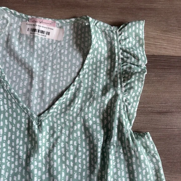 Ces Femme Sea Island Dress L Green White Ditsy Flutter Sleeve Cottagecore Boho - Picture 4 of 9
